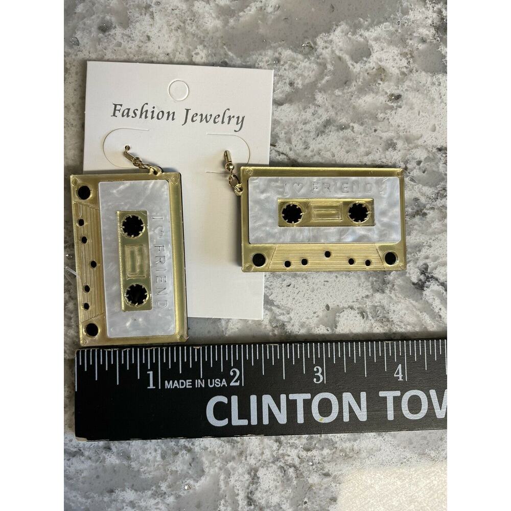 Cassette Tape Fashion Earrings 80s Gold White Hook Dangle Pierced NEW - Picture 2 of 4